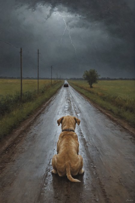 close-up, The dog is sitting on the country road, back, (car leaving in the distance:1.1), car, rain, (thunderstorm:0.8),
(in Nicola Samori style:1.2),  (oil painting:0.1), dark theme, 
<lora:add-detail-xl:1>  <lora:ClassipeintXL1.9:0.5>  <lora:NicolaSamori:1>, (best quality, 8K, high resolution, extreme detail, outstanding composition:1.4),