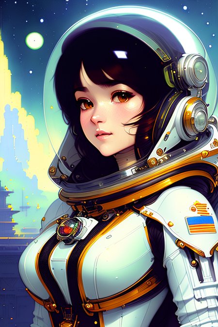 a painting of a beautiful woman  wearing an Astronaut helmet , scifi ,   on a space station . Highly detailed, intricate, detailed pupils, art by onche_ondulay
