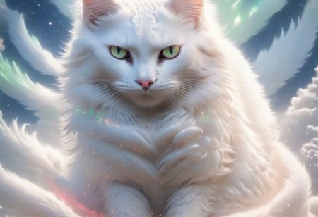 (best quality, masterpiece, perfect face,) A realistic cute tiny mythical white cat with light blue eyes, in wonderland world with (magical little fairies yellow creatures:1.10) epic, absurd