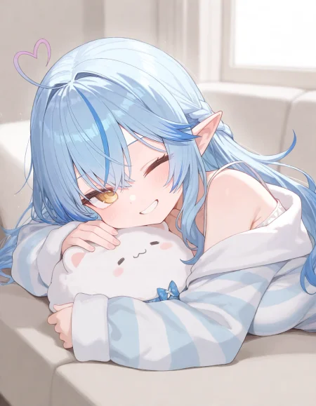 1girl, yukihana lamy, momoko \(momopoco\), sumiyao \(amam\), reel \(riru\), e-note, konnyaku \(kk-monmon\), ciloranko, ningen mame, head rest, wince, wink, turning head, yukihana lamy \(loungewear\), head down, 
very awa, very aesthetic, masterpiece, best quality, amazing quality, absurdres <lora:dj_sloppa_ill_v2:0.1> <lora:nyaliaXLNBVP1lokrV6311P:0.1> <lora:n_XLNBVP1lokrV6311P:0.2> <lora:ricotte2:0.2>