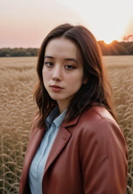 cinematic film still, close up, photo of brown hair girl near grasses, fictional landscapes, (intense sunlight:1.4), realist detail, brooding mood, ue5, detailed character expressions, light amber and red, amazing quality, wallpaper, analog film grain, jacket, b3m3l0dy