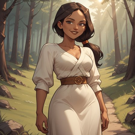 score_9, score_8, BREAK, solo, brown hair, ponytail, black eyes, brown lips, white dress, brown sandals, breasts, total drama, Priyas_mother_(Total_Drama), dark skin, dark skin female, sexy pose, self portrait, smile, looking at viewer, outdoors, sunlight, shadows, evening lighting, natural lighting, forest, trees, grass, orange sky, sunset