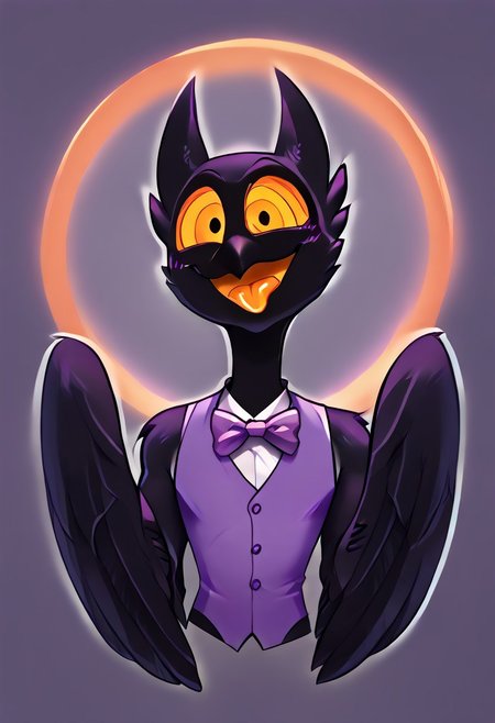 Barnaby, 1boy, yellow eyes, orange sclera, black body, long neck, feathers, bird feet, winged arms, bird tail, black beak, purple vest, sleeveless, purple bowtie, orange tongue, avian, furry, anthro, ghost, owl, spirit, digitigrade, no humans, perfect anatomy, solo, (insanely detailed, beautiful detailed face, masterpiece, cinematic lighting, detailed hands, detailed face, best quality), (sharp), score_9_up, score_8_up, score_7_up, score_6_up, highest quality, 8K, RAW photo, source_anime, perfect face, perfect hands, upper body, wingarms, jizoku