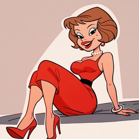 score_9, score_8_up, score_7_up BREAK YayitaC, 1girl, brown hair, black eyes, beauty mark, lipstick, dress, high-heeled shoes, cartoon, happy look, source_cartoon, smiling at viewer,