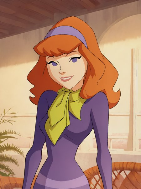 <lora:DaphneMysteryIPony1.0:1> daphneb, 1girl, solo, long hair, hairband, orange hair, purple dress, purple eyes, green scarf, smile, pink pantyhose, cowboy shot, upper body,  smile, looking at viewer, score_9, score_8_up, score_7_up, score_6_up, score_5_up, score_4_up