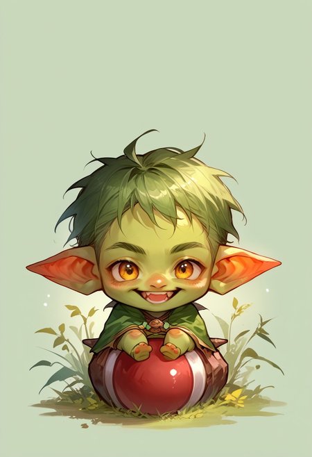 score_9, score_8_up, score_7_up, source_anime, solo, goblin happy, sitting next to a large pokeball, (green skin tone, chibi body:1.3), simple background, (detailed image, high resolution, 5k resolution:1.0), (chibi art style:1.1)