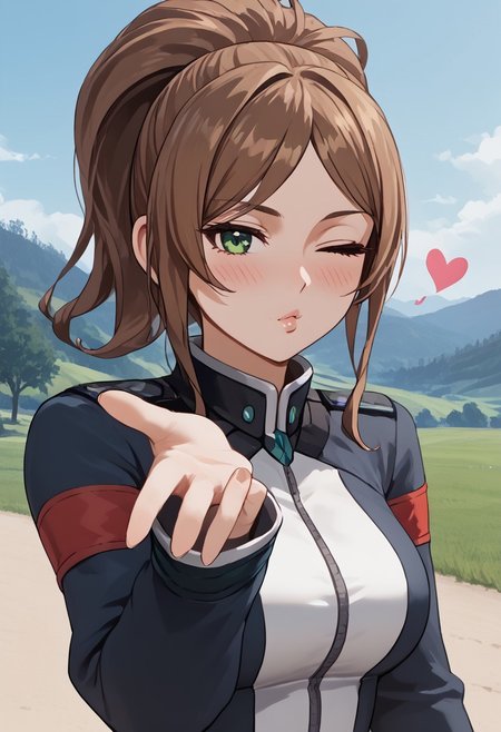 score_4,score_5,score_6,score_7_up,score_8_up,score_9 ((masterpiece,best quality,ultra detailed,highres,HD,4k:1.2)), 
1girl, solo,solo focus,girl focus,face focus,
brown hair, long hair, ponytail, sidelocks, green eyes,large breasts,
outdoors,
<lora:blowing-kiss-ponyxl-lora-nochekaiser:1>, blowing kiss, pucked lips, heart, one eye closed, o3o, looking at viewer, hand up,Pouting lips,pointing fingertips towards viewer, blush,shy,Expressionless,Half-closed eyes, squinting, staring,jitome,