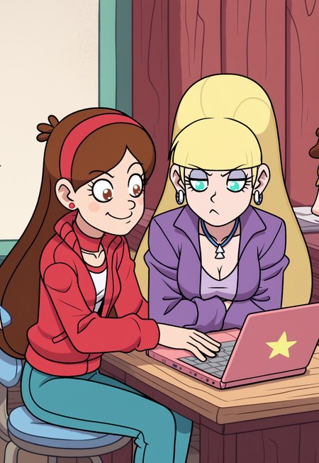 2girls, sitting at desk, looking at pink laptop, two girls concentrating on laptop break chpacifica, chmabel break chmabel wearing mabdress break chpacifica wearing cropped jacked, 