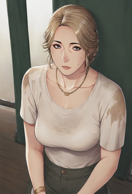 score_9, score_8_up, score_7_up, 1girl, mature_female, large_breasts, portrait, solo, Pretending to play the drums, from_above, (Gold Dolman), Dirty Blonde hair, cropped_arms, rating_safe, <lora:pony\artist_styles\takasugi_kou_pony:1.0>