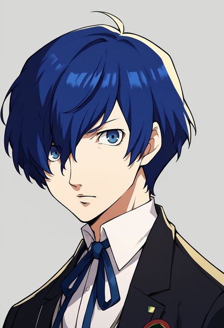 score_9, score_8_up, score_7_up, source_anime, BREAK, solo, 1boy, looking at viewer,  <lora:P5-Portraits-pdxl_Fp:1>, simple background, portrait, <lora:MakotoP3-pdxl_Fp:1>, makotop3, school uniform, gekkoukan high, blue hair, blue eyes, short hair, black jacket, hair over one eye,