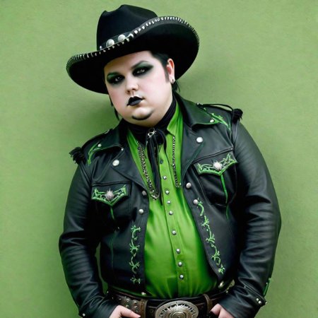 a chubby goth, highly detailed, semirealistic, cowboy shot, leaning against the wall, black and green
