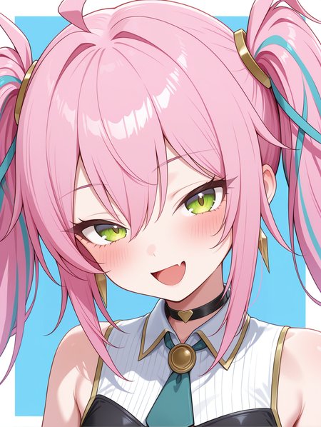 artmegia litera, 1girl, solo, open mouth, fang, skin fang, smile, blush, looking at viewer, :d, upper body, simple background, blue background, portrait, black vest, black choker, green necktie, white sleeveless shirt, multicolored hair ribbon, white border,
masterpiece,best quality,amazing quality,very aesthetic,absurdres,newest,<lora:Artmegia Litera illusXL v1:0.7>,