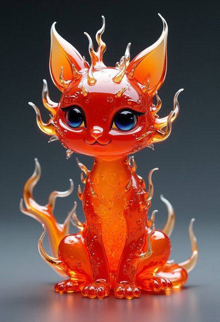 A 3D render of a glass artwork of a stunning little chibi fire kitten. The artwork is made of molten glass of different colors, stretched with thin threads. The artwork is a work of art that enchants with its proportions and improbability of the composition. All the elements are worked out and very detailed. The combination of style and colors makes it a unique piece. detailmaximizer