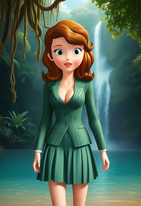 sofia_the_first,  blue eyes, brown hair,skirt suit, striped suit, fitted skirt, sea green suit, medium breasts, cleavage, 18 years old, Jungle w4t3rf4ll,painting in the style of romanticism