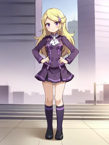 <lora:acetrainerXYtsukishiro:0.7>
1girl, solo, xacetrainery, blonde hair, long hair, hairclip, purple shirt, white ascot, long sleeves, purple skirt, purple kneehighs, black shoes, full body, standing, hands on hips, outdoors, city, cowboy shot, serious,