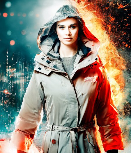 portrait of woman in trenchcoat, city bokeh background, art by bforangeteal, extremely detailed, embers, debris, art by photohelper, nukesd