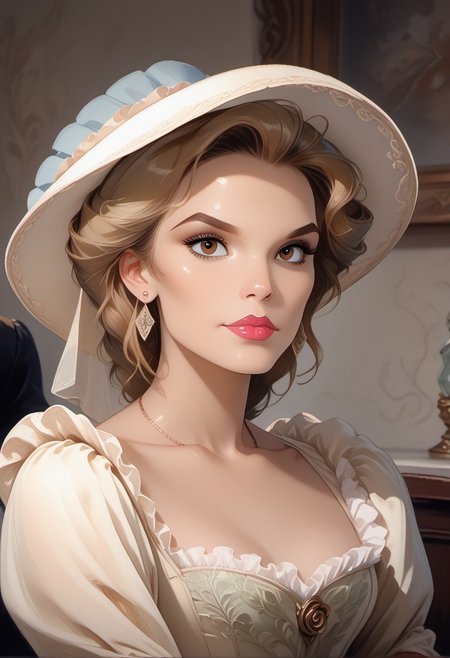 score_9, score_8_up, score_7_up, Disney2DStyle, watercolor \(medium\), traditional media, (Elizabeth Swann), (inquisitive:1.2), (doubtful),sexy 18 year old, british girl, perfect face, beautiful face, defined cheekbones, defined jawline, light brown hair, thick hair, thick dark eyebrows, dark brown eyes, dark lashes, thin lips, nude colored lips,  sexy,  (svelte), arms crossed, head tilt, upper body, solo,(Port Royal), Victorian dress with white frills, bonnet hat, earrings, necklace, alternate pose, dynamic from, dynamic view,sexy pose,dynamic pose, focus girl, from above,