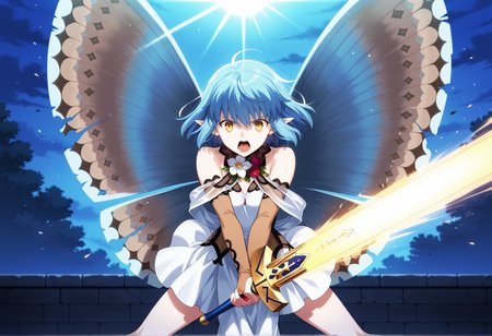 1girl, solo, sunrise stance, anime screencap, anime screenshot, short hair, blue hair, pointy ears, yellow eyes, short dress, bare shoulders, flower ornament, bridal gauntlets, moth wings, damaged wings, holding weapon, excalibur \(fate/stay night\), open mouth  <lora:Hope_FGO:0.9> dynamic pose, swinging,, masterpiece, best quality, amazing quality, very aesthetic, absurdres, highres, newest
