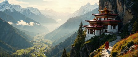 Bhutanese Himalayan foothills at dawn, mystical Buddhist monastery perched on steep cliff face, traditional red and gold architecture with sweeping pagoda roofs against snow-capped mountain backdrop. Prayer flags flutter in gentle breeze, creating rainbow trails across deep valleys filled with ancient pine forests and rhododendron blooms. Misty clouds drift between emerald terraced rice fields below, partially obscuring winding mountain streams. Lone monk in saffron robes traverses stone pathway. Golden sunlight breaks through distant peaks, casting long shadows and illuminating monastery's ornate details. Takin (national animal) grazes peacefully in meadow. Photorealistic 8K, dramatic depth perception, warm golden-hour lighting, ultra-detailed stonework, cinematic composition with monastery centered against vast mountainous panorama stretching to horizon. <lora:ck-charcoal-drawing-000014:0.7> <lora:ç»ªå¿ CGé£æ»¤éFLUX:0.7> <lora:flux_dev:1>