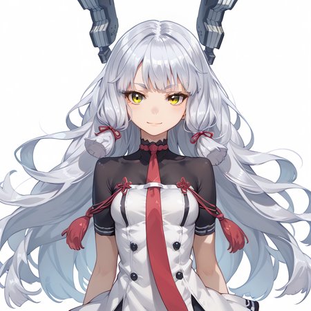 score_9, score_8_up, score_7_up, simple background, light smile, looking at viewer, 
1girl, murakumok2, silver hair, yellow eyes, sidelocks, necktie, headgear, dress,
<lora:murakumo_kai2_pony_v1:0.8>