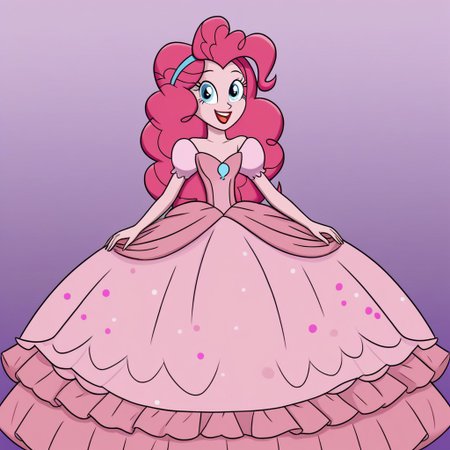 pinkie pie, solo, 1 girl, blunt bangs, Blue eyes, long hair, makeup, pink hairband, Very long large straight tulle pink princess ball gown hoop skirt, ball gown hoop skirt, pink princess dress, hoopdress, my big princess gypsy wedding dress, ballgown, a girl in a dress posing for a picture, wearing a sleeveless ballgown, looking at viewer and smiling, blowing kisses
