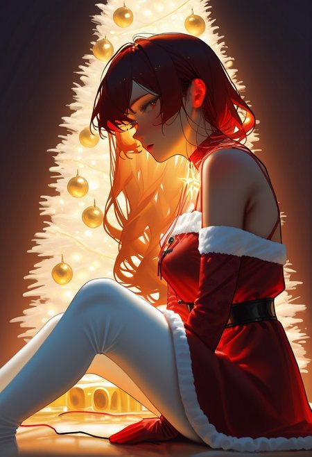 1girl, sitting, bare shoulders, red and black clothes,  white tights, christmas clothes, dark red hair, long wavy hair, looking at viewer, christmas tree, christmas decoration, side view, sitting,  christmas lights, masterpiece, highres, absurdres solo, score_9, score_8_up, score_7_up,  2d color, far camera, long shot
