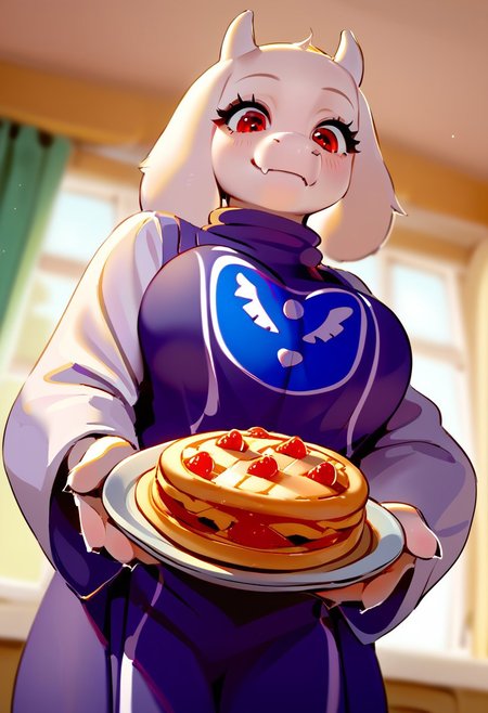 Vivid art style, outline, score_9, score_8_up, score_7_up, source_anime, hi res, masterpiece, extremely detailed, best quality, highres, Lico_PS, duo, detailed background, very beautiful, cute, toriel, backlighting:1.2, (white fur), ((fluffy face:0.8)), serene, (perfect eyes:1), red eyes, smile, from side, sepia tones, kitchen background, holding pie, (from below:1), pov: hands reaching for pie