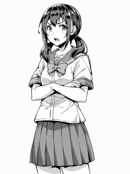 score_9, score_8_up, score_7_up,  
1girl,  monochrome, yui tt, black hair, twintails, small breasts, 

standing, frown, open mouth, crossed arms, looking at viewer, serafuku, short sleeves, bowtie, pleated skirt, school uniform, white background, solo
