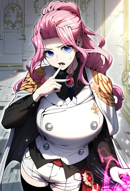 score_9, score_8_up, score_7_up, score_6_up, source_anime, rating_explicit, 1girl, (solo:1.2), huge breasts, <lora:Certiponyxl:1> pink hair, long hair, purple eyes, ponytail, sidelocks, white cape, brooch, gem, epaulettes, white vest, black shirt, long sleeves, collared shirt, buttons, short shorts, white shorts, black thighhighs, serious, open mouth, Narrow shoulders, heavy breathing, steaming body, castle, indoors, looking at viewer, close-up, standing, magic circle, hand up, pink glowing finger, front view
