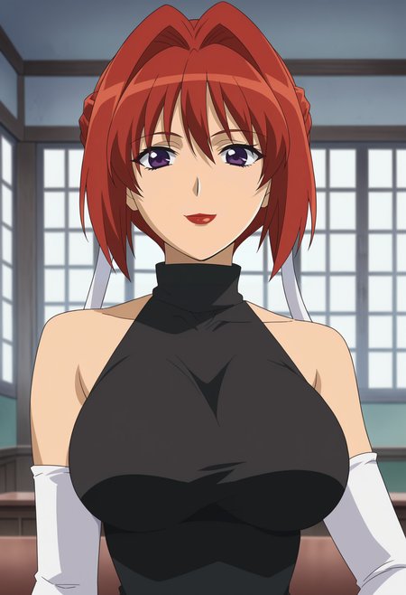 <lora:Maharu_Sena_Kanaka-Girls_Bravo:0.8>1girl,solo,Maharu Sena Kanaka,red hair,short hair,hair intakes,purple eyes,lipstick,large breasts,anime coloring,elbow gloves,white gloves,bare shoulders,turtleneck,black dress,upper body, looking at viewer, smile,indoors
