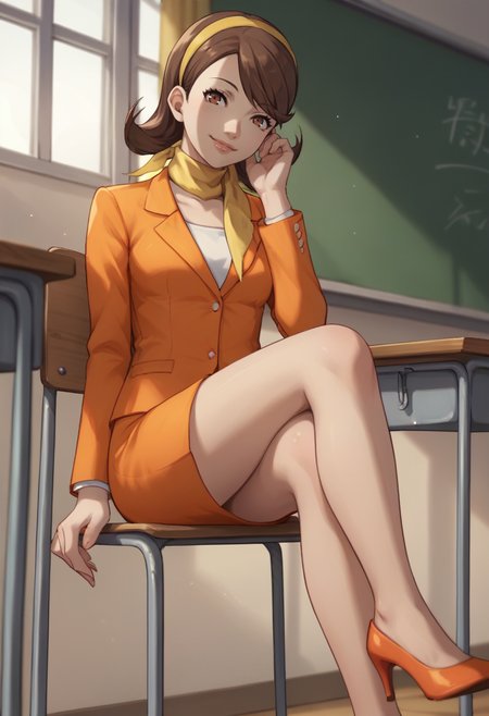 score_9, score_8_up, score_7_up, source_anime, 1girl, looking at viewer, smile, <lora:zs_TerauchiXL:1> terauchip3, brown hair, medium hair, brown eyes, blazer, orange skirt, scarf, hairband, high heels, crossed legs, classroom