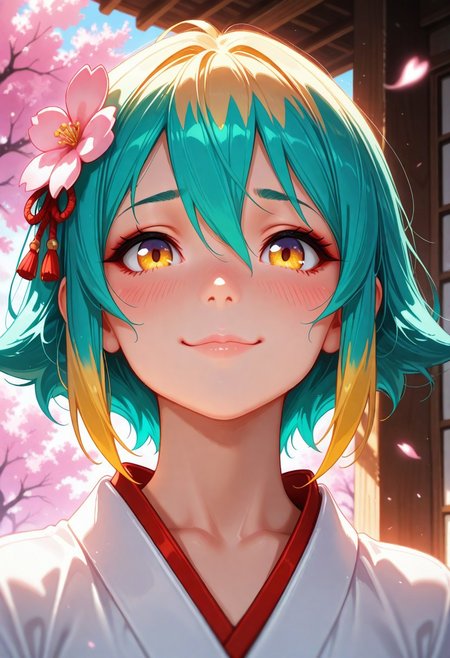 masterpiece, best quality, amazing quality, volumetric lighting, (by_neoartcore:0.1), BREAK, 1girl, 25 years old, cute, petite, mature, adult, 
detailed face, portrait, face focus, depth of field, looking at viewer, blush, shy smile, 
yellow eyes, 
multicolored hair, teal hair, blonde hair, hair ornament, hair flower, hair between eyes, short hair, 
miko, japanese clothes, 
cherry blossoms,
day, 
masterpiece, best quality, amazing quality,