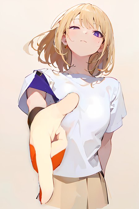 masterpiece,best quality,absurdres,1girl,solo,white background,looking_at_viewer,solo,white background,standing,upper body,
one eye closed,pointing at viewer with finger,<lora:char-mygoä¸è§åè¯ Misumi Uika (Bang dream! Ave Mujica):0.6>,misumi uika,white shirt,brown short skirt,short sleeves,arm_behind_back,small breasts,Diagonally downward,