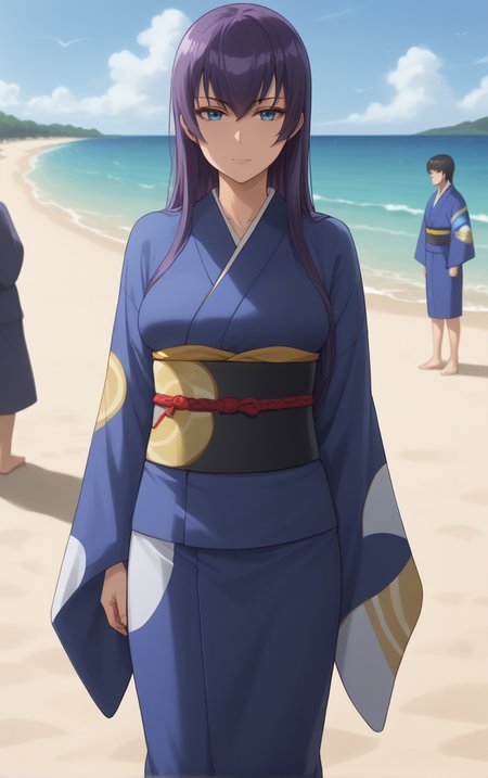 score_9, score_8_up, score_7_up, looking at viewer,  BREAK
Kimono_SaekoBusujima_ownwaifu, 
1girl, blue eyes, hair between eyes, long hair, purple hair, very long hair, large breasts, bangs, sidelocks, 
japanese clothes, kimono, sash, obi, long sleeves, tabi, wide sleeves,
(standing, beach), crowd, evening, sand, beach towel, cowboy shot, <lora:PONYXL_HighschoolOfTheDead_SaekoBusujima_ownwaifuV1:0.8> , depth of field, solo,