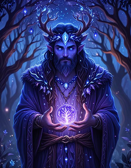 novuschroma14 style druid man at night, magical  <lora:novuschroma14 style:1> <lora:sdxl_lightning_8step_lora:1>
