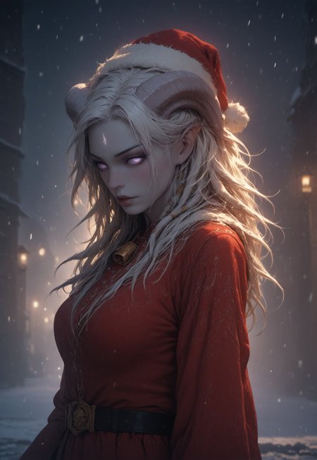(absurdres, best quality, masterpiece:1.4), score_9, score_8_up, score_7_up, score_6_up, detailed, detailed body, detailed face, world of warcraft, fantasy, <lora:add-detail-xl:1.5>, 

fFaceDetail, ((female, draenei, tall, athletic arms, pale white skin, long white hair, purple eyes, no sclera, long white tail), (h0rns, ram horns, white horns), 
(long fingers, gold fingernails, gold nail polish)), 

alone, upper body, standing, looking toward viewer, soft smile, holding a present towards the viewer, 

Red santa dress with a white fur trim, red santa hat with a white fur trim, black belt with a gold buckle,

depth of field, evening, outdoor, harbour, snowing, light snow