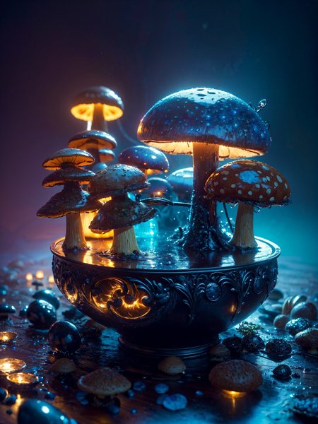 (Glowing mushroom:1.2), neon, octane render trending on artstation, masterpiece, best quality, detailed, realistic, 8k UHD, high quality, insane details, intricate details, hyperdetailed, low contrast, soft cinematic light, dim colors, exposure blend, hdr, faded, <lora:detail_slider_v4:2>  <lora:wabstyle:0.8> <lora:depth_of_field_slider_v1:1.5>  <lora:sapphire-gem-style-darquelilly-v3:0.6> sapphiregemstyle