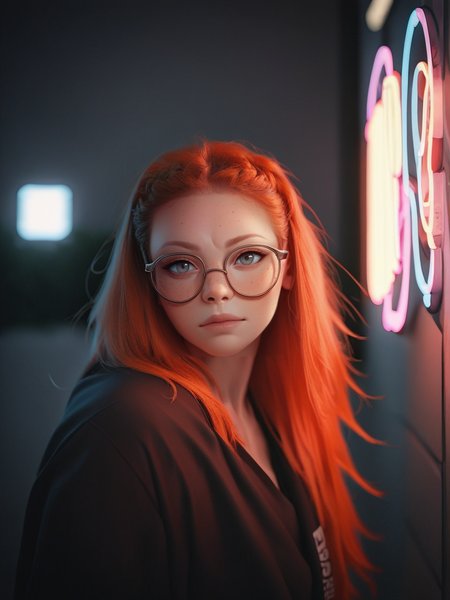 score_9, score_8_up, score_7_up, score_6_up, score_5_up, score_4_up,  <lora:43stl1ght1ngXLP2:0.9> 43stl1ght1ng, 1girl, long hair, ginger hair, 43stl1ght1ng, low light, dramatic lighting, darkness, neon, glasses