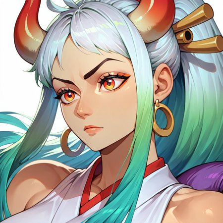 masterpiece, best quality, newest, absurdres, highres, ArcaneEyes-IL, eye focus, 1girl, yamato \(one piece\), curled horns, red horns, multicolored horns, orange eyes, white hair, green hair, long hair, multicolored hair, aqua hair, gradient hair, blue hair, sidelocks, ponytail, high ponytail, hair stick, large breasts, sleeveless kimono, bare shoulders, hoop earrings, earrings, shimenawa, toned