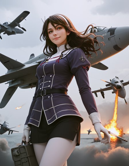 score_9, score_8_up, score_7_up,
ashigara (kancolle), off1cialc0stume, light smile,
standing against an aircraft,
aircraft warship background,
(war scene), fire, explosions,
wind, clouds, 
 <lora:ashigara:0.9>