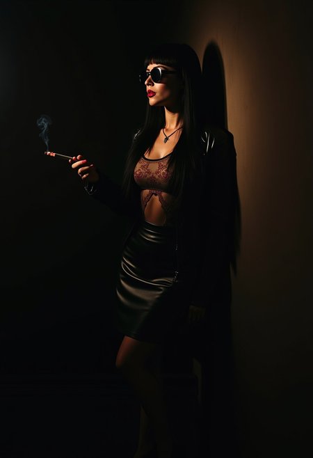 A captivating vintage photo of a mysterious 40-year-old seductive woman with a long straight black hair, standing in the deep shadows and leaning against a wall. she is dressed in a timeless ensemble: a black leather jacket, a leather skirt, a transparent embroridery t-shirt, and aviator sunglasses. her lips are glosssy red and wearing a high heel classy shoes. Her face is cast in darkness, and she is holding a lit cigarette in one hand. The background is black., vibrant, dark fantasy, poster, cinematic, photo