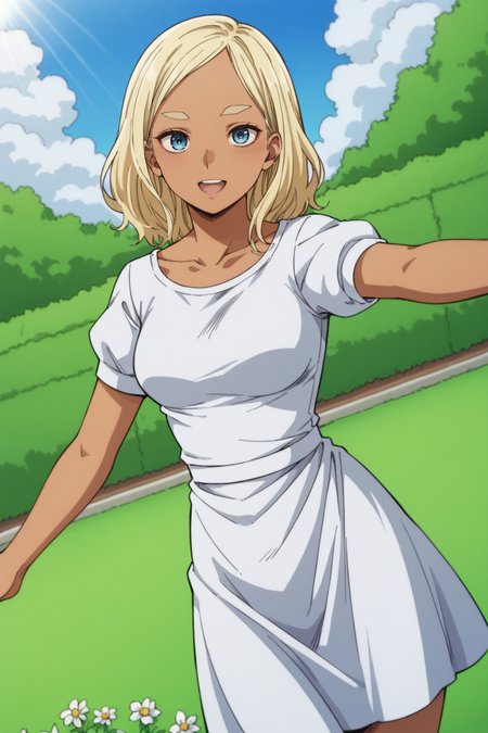 score_9, score_8_up, score_7_up, 1girl, prefect lighting, very aesthetic, intricate details, highly detailed background, masterpiece, high quality, prefect hands, best quality, solo, source_anime,
<lora:Meryl_MHA_V1:.85>, KJOmeryl, blonde hair, blue eyes, dark-skinned female, medium hair, thick eyebrows,
sundress, puffy short sleeves,
outstretched arms, head tilt, smile, open mouth, dutch angle,
outdoors, garden, sunlight, day, bush, blue sky, grass, flower,
(Beautiful, medium Breasts:1.2), natural breasts,