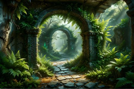 Hidden portal: Lush ferns conceal a crumbling archway adorned with elven runes. Wisps of emerald mist swirl around the entrance, hinting at the fantastical realm that lies beyond. Delicate wildflowers peek through the cracks, their petals shimmering with an otherworldly light. (Elfpunk, intricate details, high resolution) 
award winning artwork,
many details, extreme detailed, full of details,
Wide range of colors., Dramatic,Dynamic,Cinematic,Sharp details
Insane quality. Insane resolution. Insane details. Masterpiece. 32k resolution.
 <lora:add-detail-xl:0.95> <lora:casting shadow style v2:0.1> casting shadow style, cucoloris patterned illumination <lora:CinematicStyle_v1:0.1> <lora:Disturbia:0.1> <lora:dvr-lnds-sdxl:0.1> dvr-lnds-sdxl <lora:Glowstick_SDXL:0.1> mad-glowstick <lora:MJ52:0.2> <lora:princess_xl_v2:0.1> <lora:ral-anmwrlds-sdxl:0.1> ral-anmwrlds <lora:ral-apoctvisn-sdxl:0.1> ral-apoctvisn <lora:ral-cltc:0.1> ral-cltc <lora:ral-dissolve:0.1> ral-dissolve <lora:ral-ertmsphr:0.1> ral-ertmsphr <lora:ral-fluff:0.1> ral-fluff <lora:ral-fntsyrlms-sdxl:0.1> ral-fntsyrlms <lora:ral-mtclniscp-sdxl:0.1> ral-mtclniscp <lora:ral-porcelain:0.31> ral-porcelain <lora:ral-pxlprtcl:0.1> ral-pxlprtcl <lora:ral-vlntxplzn:0.1> ral-vlntxplzn <lora:ral-vbrntacyl-sdxl:0.1> ral-vbrntacyl