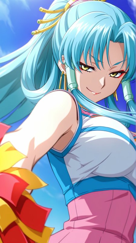 source_anime, general, best quality, masterpiece, 1girl,  <lora:Glacies_ill_v1.1:1> glacies\(srw\),yellow eyes,ponytail,hair tubes, blue hair, large breasts,long hair,red eyeliner,hair rings,make up,earrings, jewelry,cheerleader, smug, (seductive smile:0.8),  dynamic pose, dutch angle,