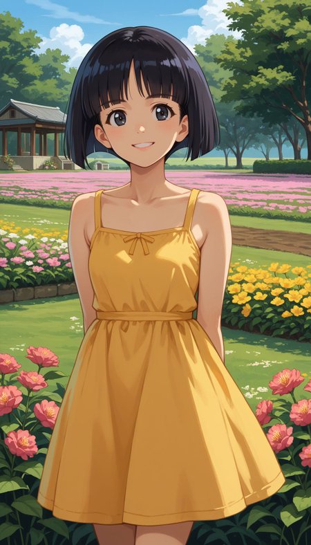score_9, score_8_up, score_7_up, source_anime, outdoors,cherry blossoms,standing,cowboy shot, smile,arms behind back, flower field
   <lora:sono_midoriko :1> 1girl, black hair, short hair, blunt bangs, black eyes, bob cut, blunt ends, sundress, yellow sundress, garden, day, sunshine, smile, flower field