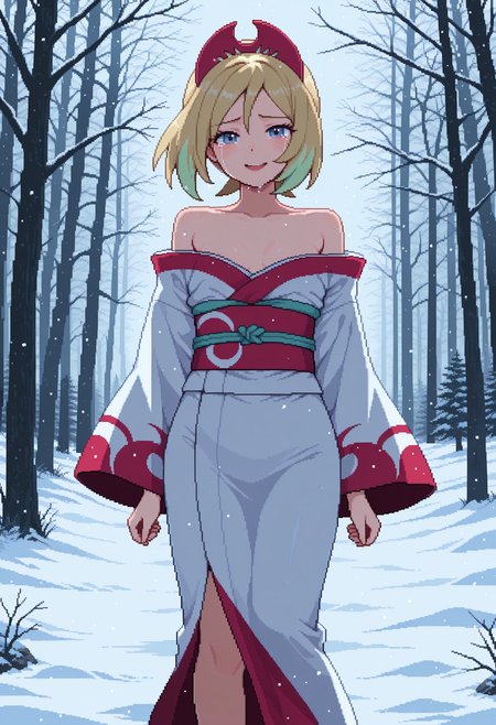 <lora:pixelart:1>,pixel art,masterpiece, highres, absurdres,amazing quality, best quality, detailed background, 8k, 1girl, irida (pokemon), bare shoulders, kimono, bare tree,blizzard,crying,crying with eyes open,feet out of frame,floating hair,forest,looking at viewer,nature,open mouth,outdoors,ribbon,sad smile,snow,snowing,solo,standing,tears,tree,wind