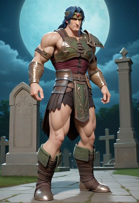 score_9, score_8_up, score_7_up, score_6_up, 1boy, male, muscular, (full body view:2), night, moon, graveyard, simon belmont, simonbel, green leather armor, jeweled headband, stylized green breastplate, gold accents, black leather shorts, stylized green loincloth, single pauldron, metal wristband, shoulder length blue hair, leather tassets, gray boots
