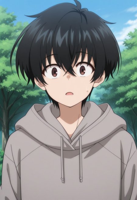 masterpiece,best quality,amazing quality, source_anime, 
KeitaroGentoga, 
1boy, male focus, solo, black hair, looking at viewer, outdoors, brown eyes, open mouth, tree, upper body, sky, grey hoodie, hood down