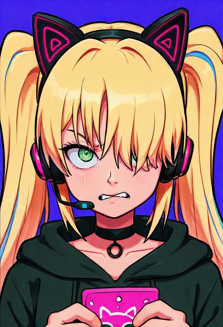 masterpiece, best quality, absurdres, highres, chromatic aberration, 1girl, solo, green eyes, eyelashes, long hair, two-toned hair, blonde hair, blue hair, twintails, bangs, hair over one eye, headset with fake cat ears, holding, black choker, long oversized hoodie, angry, looking at viewer, hypnotized eyes, upper body, closeup, face focus, simple background, psychedelic background, highly detailed, neon lights, vivid colors