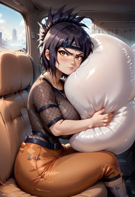 score_9, score_8_up, score_7_up, score_6_up, source_anime, 1girl, solo, <lora:anko-pdxl-nvwls-v1-000006:1> mitanko, folded ponytail, black hair, forehead protector, necklace, mesh bodysuit, belt, orange skirt, huge breasts, hyper breasts, toeless footwear, sitting, from side, looking at you, blush, car interior, airbag, inflatedairbag, airbagcrash, hugging airbag